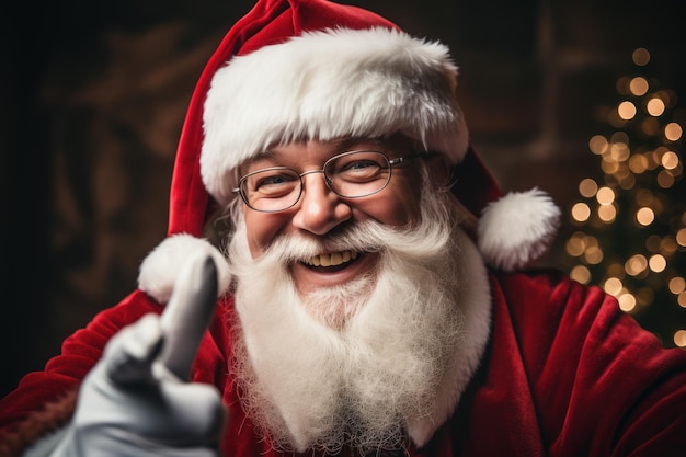 Изображение Санта-Клауса, машущего в камеру и улыбающегося на фоне рождественской елки.