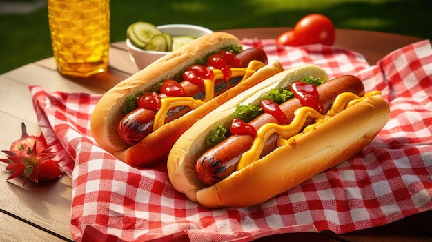 Free photo the image showcases grilled hot dogs served with mustard ketchup and relish on a picnic table