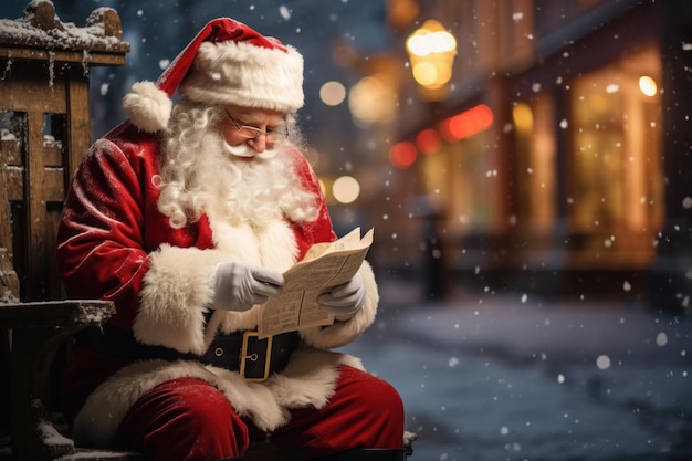 Image of StKlauss reading papers sitting on a wooden chair with snowy street in background