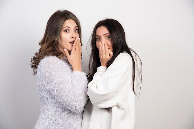 Free photo image of two best friends standing together and looking at camera on white wall .