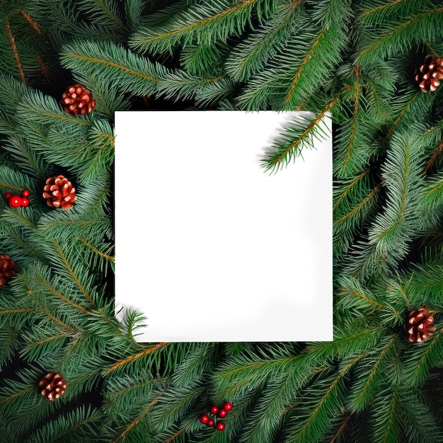 Free photo image of white blank card with christmas spruce branches and pinecones