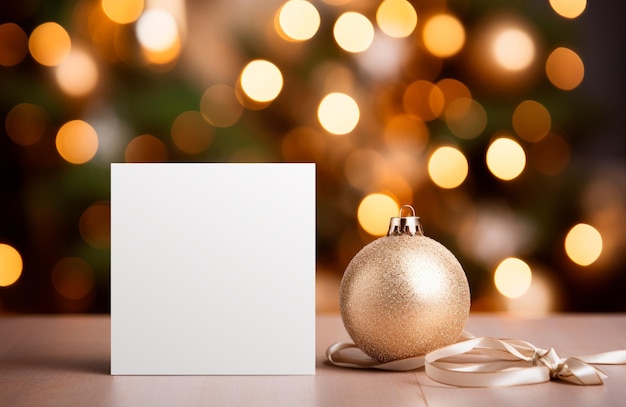 Foto gratuita immagine di una carta bianca con una palla di natale e luci sbiadite sullo sfondo