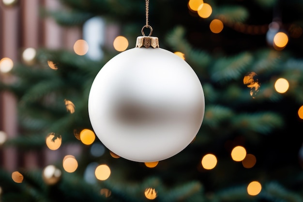 白いクリスマスボールが松の枝にぶら下がっている画像
