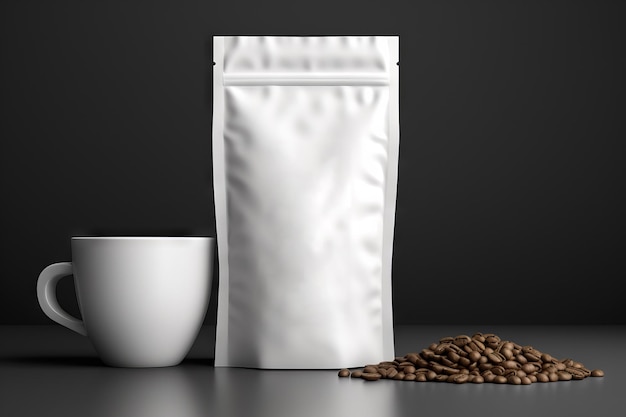 Изображение белого герметичного кофейного мешка с чашей на темном фоне