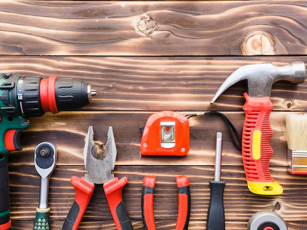 Implements of carpenter on wooden table