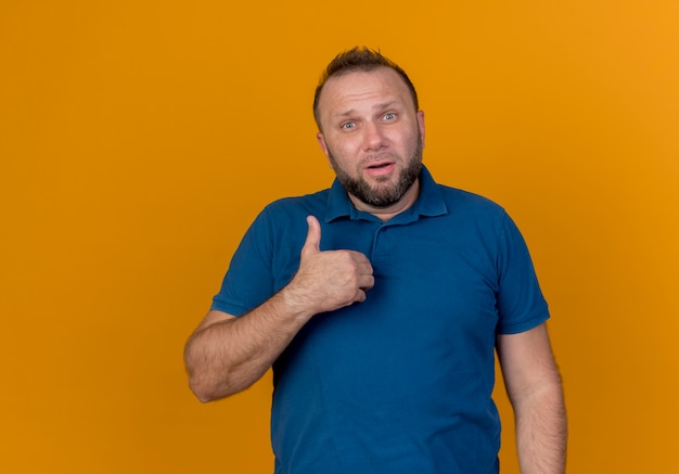 Impressed adult slavic man looking pointing at himself 