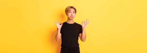 Impressed asian stylish guy with blond hair showing okay gesture and praise something good standing