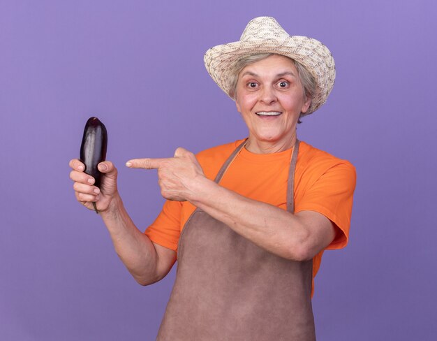 Впечатленная пожилая женщина-садовник в садовой шляпе, держащая баклажаны на фиолетовом и указывая на нее