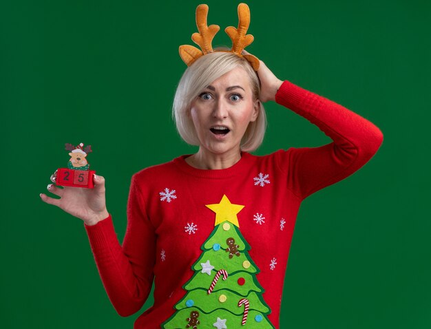 impressed middle-aged blonde woman wearing christmas reindeer antlers headband and christmas sweater looking  keeping hand on head holding christmas reindeer toy with date isolated on green wall