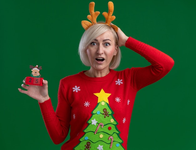 impressed middle-aged blonde woman wearing christmas reindeer antlers headband and christmas sweater looking  keeping hand on head holding christmas reindeer toy with date isolated on green wall