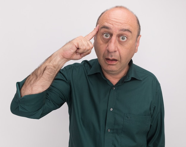 Impressed middle-aged man wearing green t-shirt putting finger on temple isolated on white wall