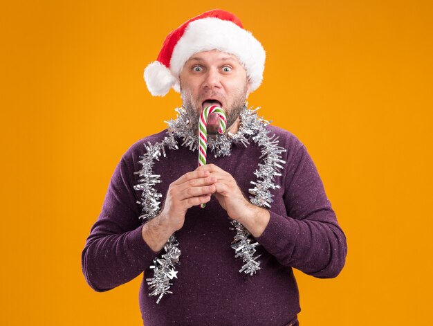 오렌지 배경에 고립 된 혀를 보여주는 카메라를보고 크리스마스 달콤한 지팡이를 들고 목 주위에 산타 모자와 반짝이 갈 랜드를 입고 감동 중년 남자