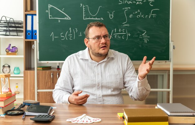 Impressed young blonde teacher wearing glasses sitting at desk with school tools in classroom showing empty hand looking at side