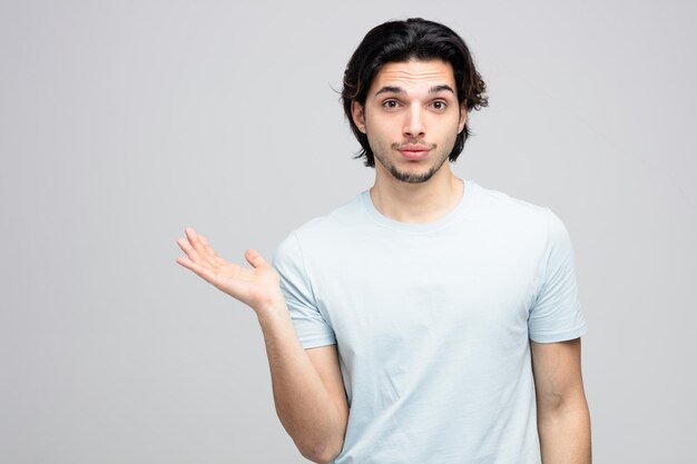 impressed young handsome man looking at camera showing empty hand isolated on white background