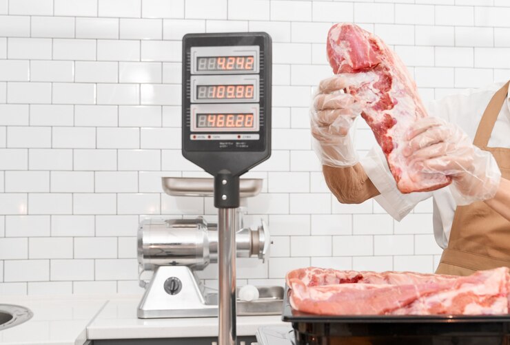 Free Photo incognito male butcher demonstrating meat.