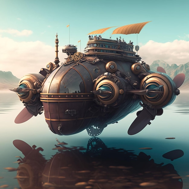 Free photo incredible major steampunk balloon floating above water surface illustrations generative ai