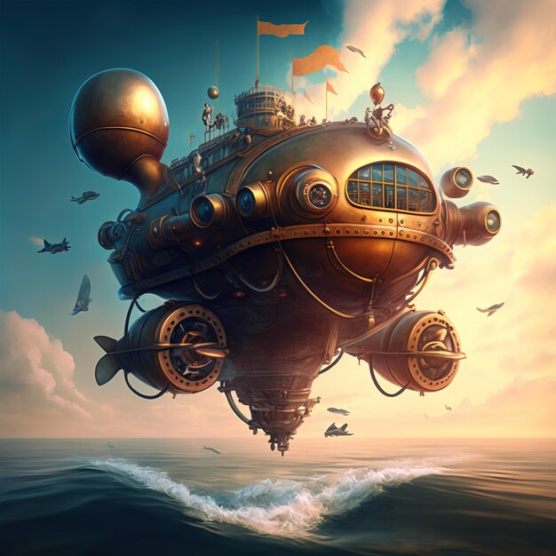 Incredible major steampunk balloon floating above water surface illustrations generative ai