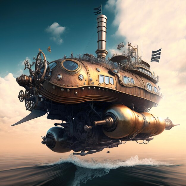 Incredible major steampunk balloon floating above water surface illustrations generative ai