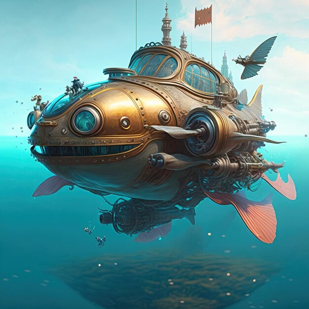 Incredible major steampunk balloon floating above water surface illustrations generative ai