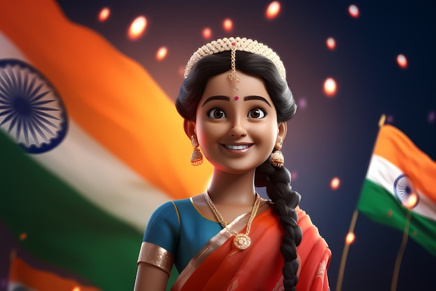 Free photo india republic day celebration with 3d person and flag