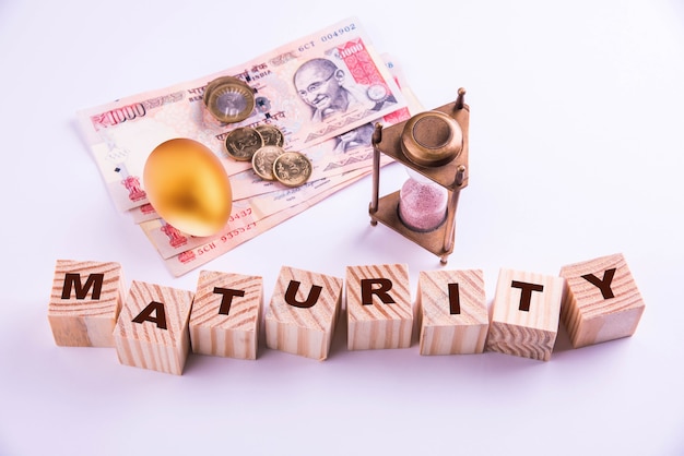 Indian currency notes with coins and golden egg along with antique sand clock and wooden blocks with mutual funds or fixed deposit written over it