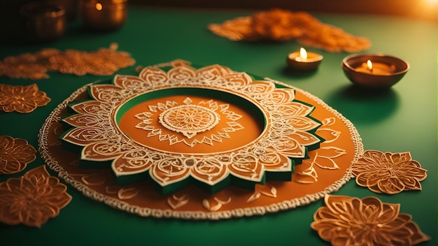 무료 사진 인도 축제 diwali diya 오일 램프는 다채로운 랑골리 힌두교 전통에 불을 붙였습니다