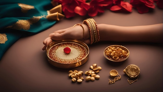 無料写真 インドの祭りラクシャ バンダンの背景ラキ米粒とクムクム