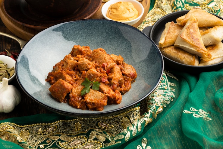 Free Photo indian food arrangement with sari high angle