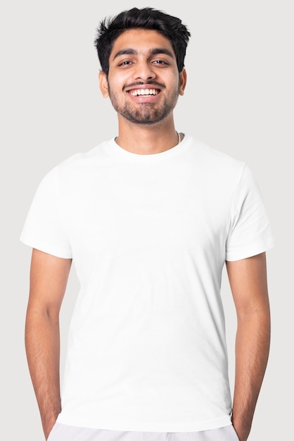 Indian man in simple white tee studio portrait