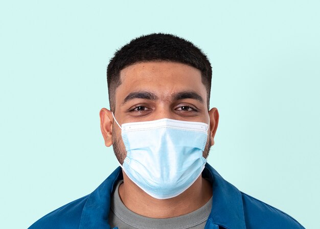 Indian man volunteer mockup psd wearing face mask in the new nor