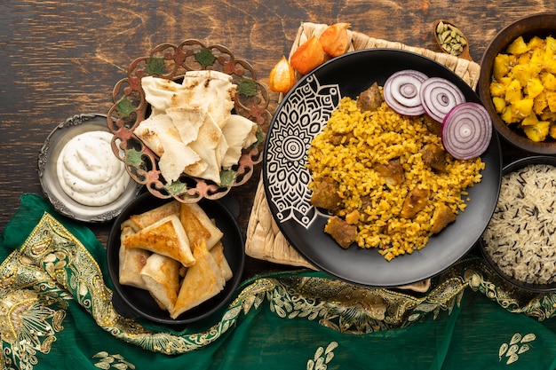 Indian meal with rice and sari