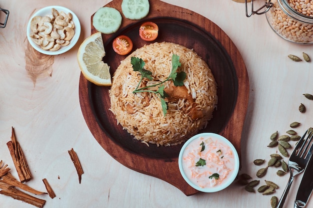 Indian traditional dish with rice, cashew nuts, sauce, lemon, vegetables and coriander leaf on wooden tray.