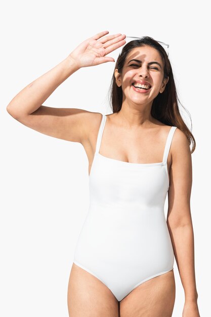 Indian woman in white one-pieces swimsuit for summer