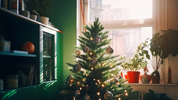 Foto gratuita albero di natale al coperto decorato con molti ornamenti