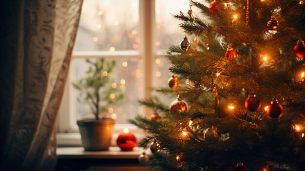 Indoor christmas tree decorated with lots of ornaments