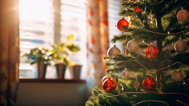 Indoor christmas tree decorated with lots of ornaments