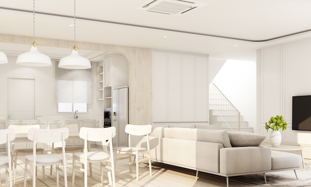Внутренний интерьер на деревянном полу с белой классической стеной в большой комнате в минималистском доме и окном в потолке гостиной столовой и кухонной комнаты с мебелью в уютном стиле 3d-рендеринга