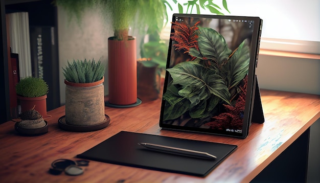 Indoor nature meets modern design on wooden table generative AI