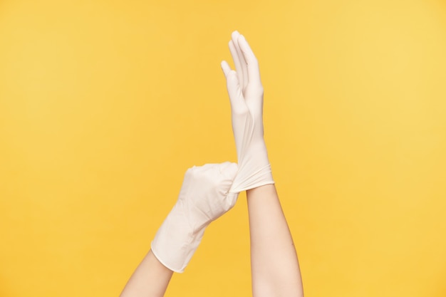 Бесплатное фото Внутреннее фото поднятых женских рук, берущих белые резиновые перчатки во время подготовки к уборке дома, позирующих на оранжевом фоне. концепция человеческих рук