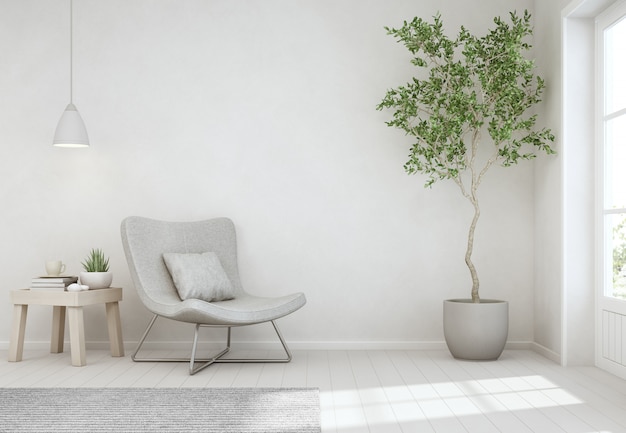 Комнатное растение и журнальный столик на деревянном полу с пустой белой бетонной стеной