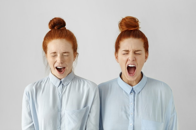 Indoor shot of furious young European women wearing identical hairstyles and formal wear