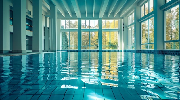 Free photo an indoor swimming pool with large windows allowing natural light to illuminate the clear blue water