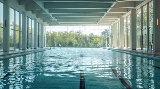 An indoor swimming pool with large windows allowing natural light to illuminate the clear blue water