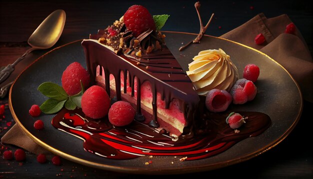 Indulgent berry cheesecake slice on wood table generated by AI