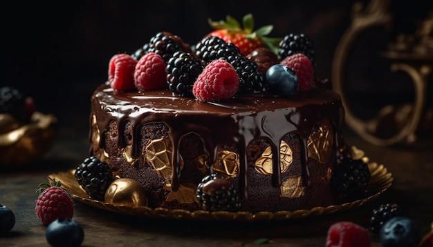 Free photo indulgent chocolate berry cheesecake on rustic wood table generative ai
