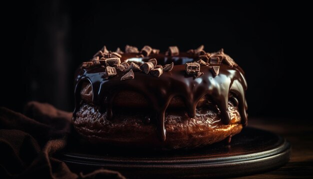 Indulgent chocolate cake slice on rustic wood plate generated by AI