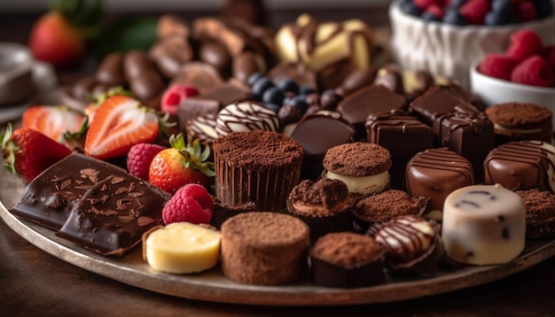 Indulgent gourmet dessert plate with dark chocolate truffles generated by AI