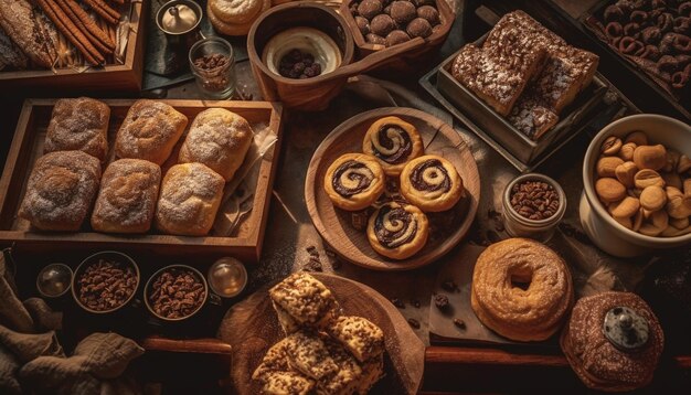 Indulgent homemade chocolate chip cookies on rustic wood generated by AI