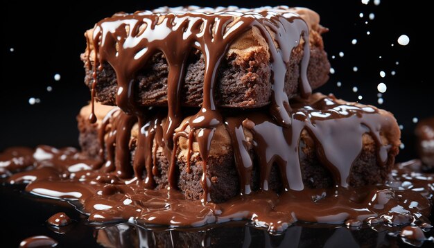 Indulgent homemade chocolate fudge cake melts on dark plate generated by artificial intelligence