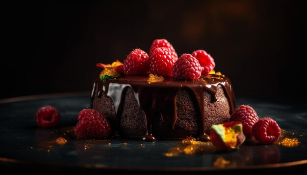 Изысканная домашняя десертная тарелка шоколадно-малиновый черничный чизкейк генеративный AI